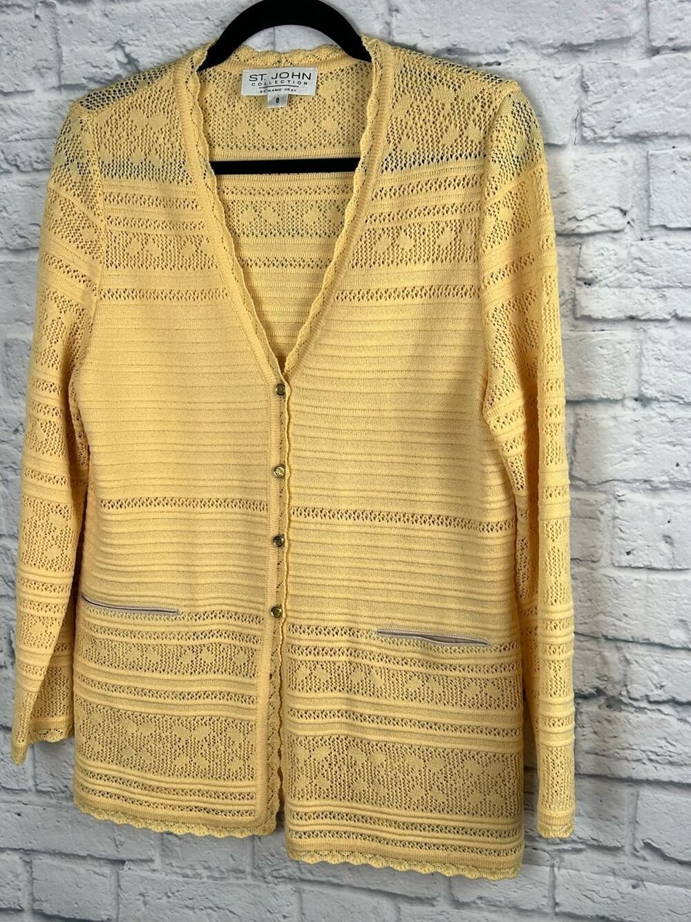 St. John Collection Marie Gray Women’s 8 Yellow Pointelle Knit Cardigan Jacket